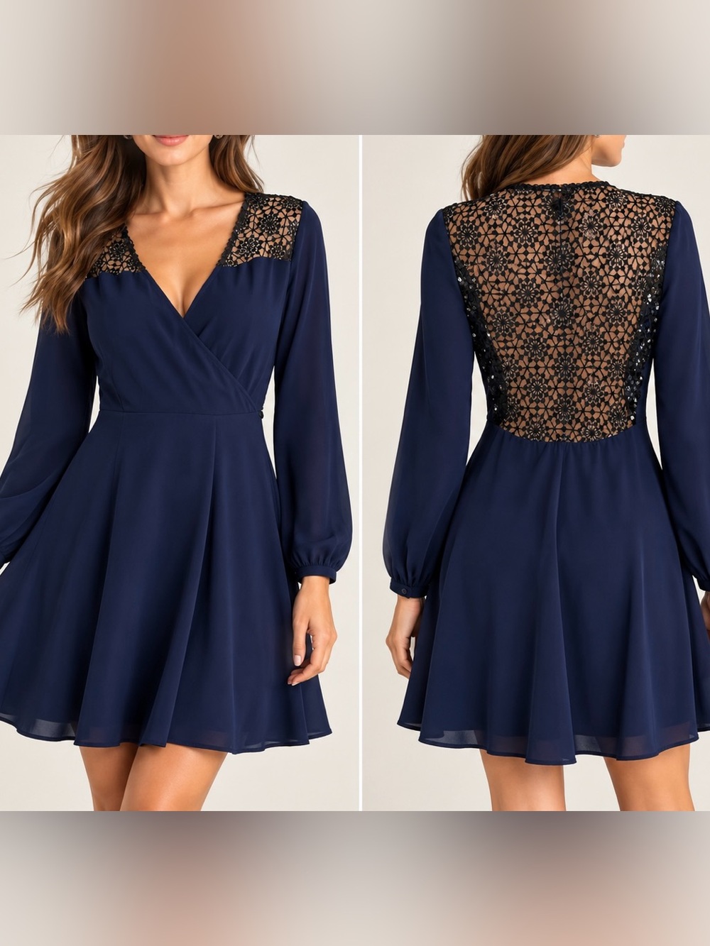 Dance & Marvel Navy Sequin Lace Faux Wrap Dress – Size M – NWT